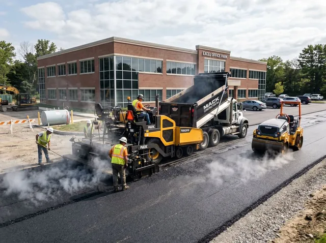 Paving crew laying fresh asphalt